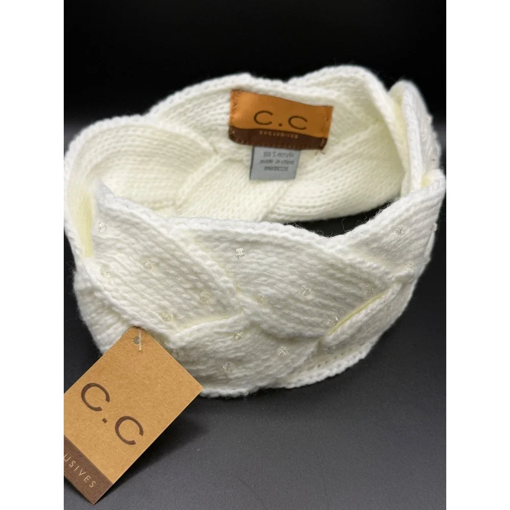 CC Exclusives Ivory Cable Knit Braided Headband with Sequins Winter Ear Warmer